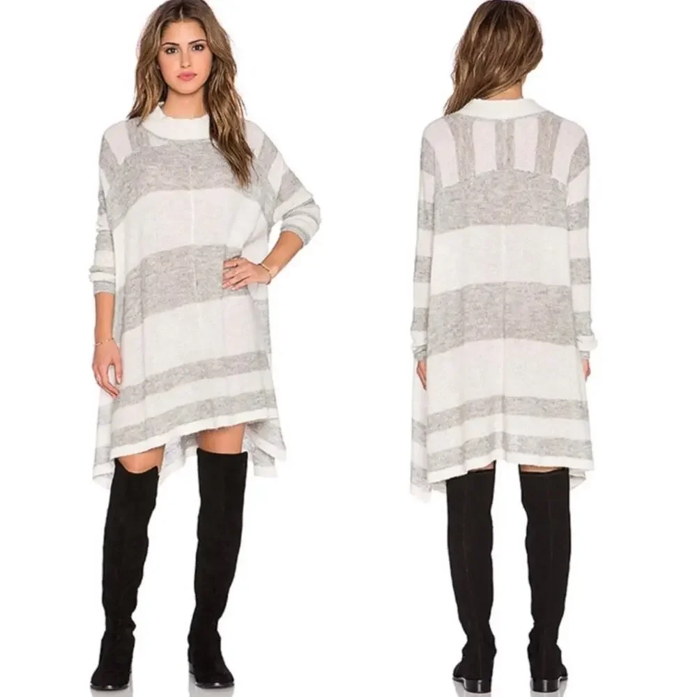 FREE PEOPLE Lafayette Alpaca Striped Tunic Sweater Dress Gray Cream XS S